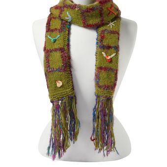 Woolen Scarf with Recyceld Silk Embroidery [GREEN] [77K-SCARF-G-ONE SIZE]