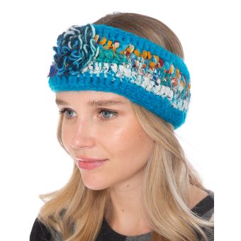 Woolen with Floral Accent and Recycled Silk Stripe Headband [TURQUOISE] [HN2101-T-ONE SIZE]