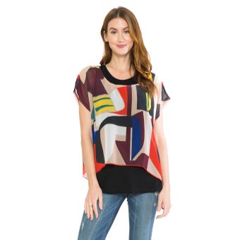 Geometrical Abstract Chiffon Top with Black Tank